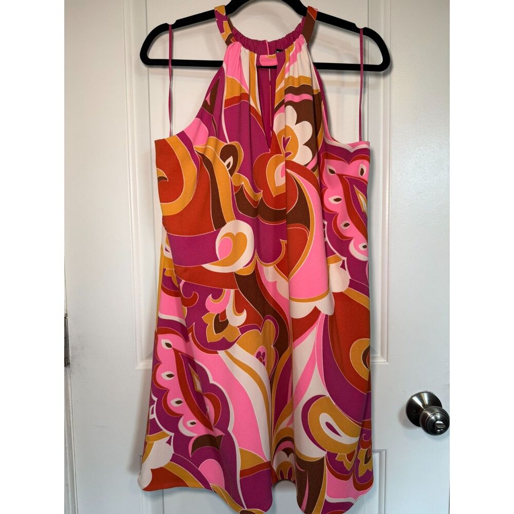 Express Retro 70s Psychedelic Swirl High Neck Keyhole Dress Wedding Guest Cruise